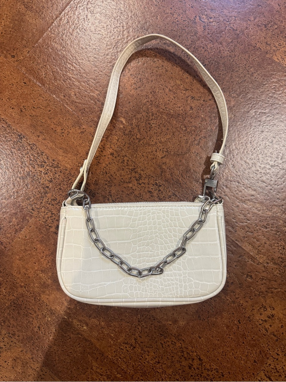 White Croc-Embossed White Shoulder Bag with Chain Detail